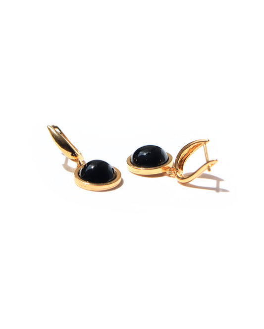 Aretes dorados medias esferas de obsidiana