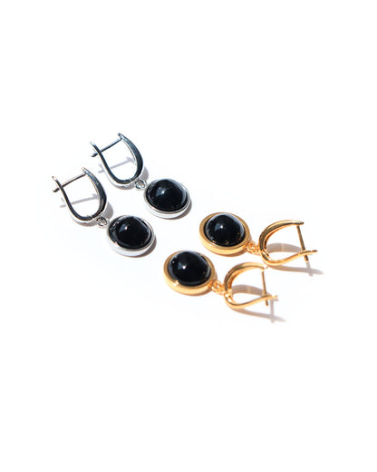 Aretes dorados medias esferas de obsidiana